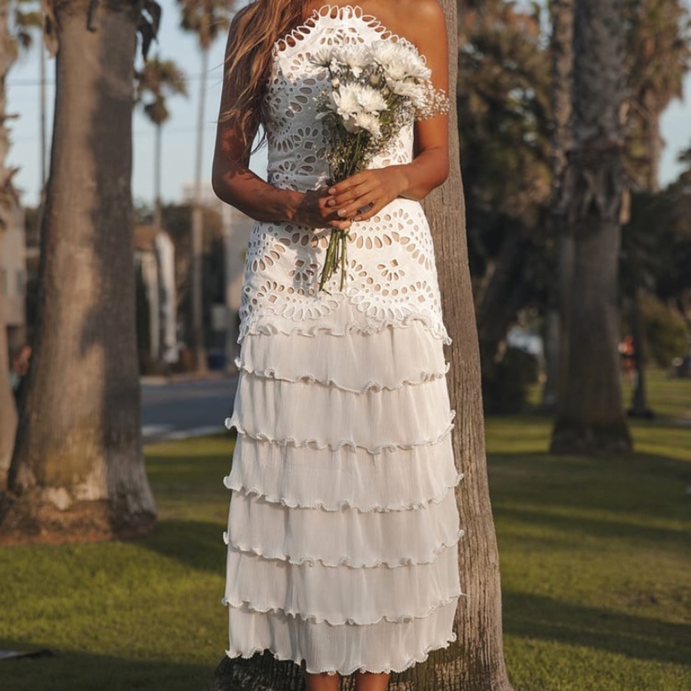 Waltz White Eyelet Lace Tiered Strapless Midi Dress by Elliatt